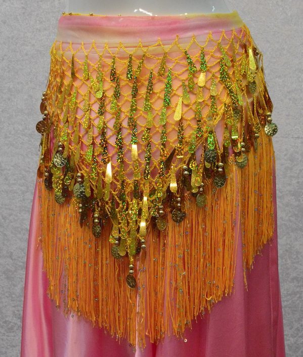 back view of gypsy style hip scarf on pink satin skirt