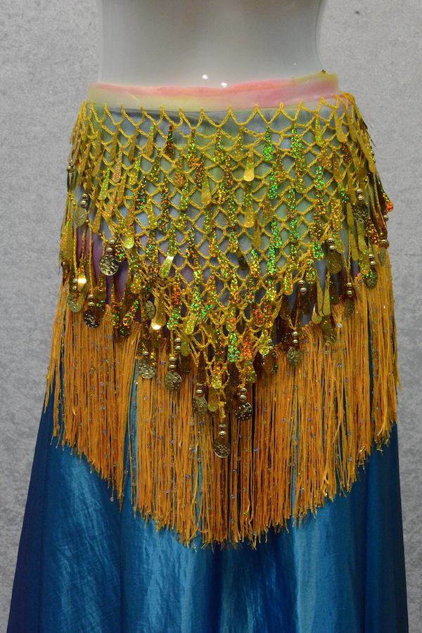 back view of gypsy style hip scarf on stormy blue satin skirt